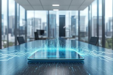 Poster - Financial inclusion and Fintech's digital payment concept, visualized as an energetic digital explosion radiating from a tablet in a modern technology workspace
