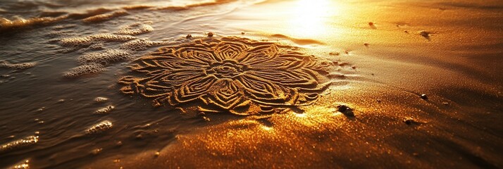 Poster - Intricate sand drawings form beautiful symbols at sunset on a serene beach