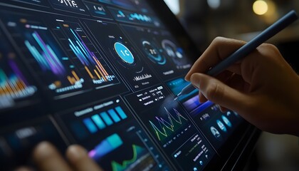Poster - Hand using stylus on digital tablet displaying data analytics