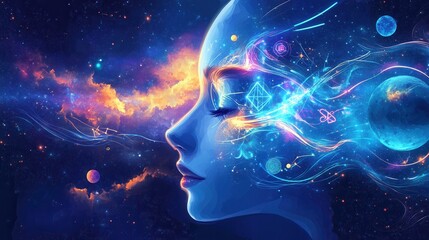 Poster - Exploring a dreamy cosmic landscape featuring planets and symbols interconnected by glowing lines in a deep blue nebula