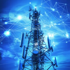Poster - 5G Connectivity: A Powerful Communication Tower Transmitting Data Across a Network Under a Cloudy Sky