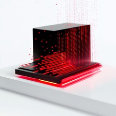 Aufkleber - Abstract Black Cube with Red Light Streaks and Falling Data on White Platform, Minimalist Composition