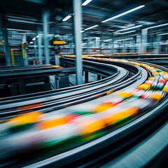 Fototapete - Automated Conveyor System: High-Speed Production Line with Blurred Motion of Products in a Modern Factory Setting.