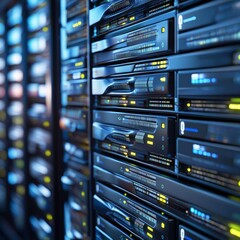 Poster - Data Center Servers:  Close-up on a Rack of Illuminated Network Hardware for Cloud Computing Infrastructure 