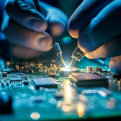 Leinwandbilder - Electronic Precision: Repairing a Computer Motherboard with Expert Hands and Tweezers in a High-Tech Cleanroom Environment