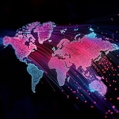 Aufkleber - Global Connectivity: World Map Formed from Glowing Fiber Optic Cables Illustrating Interconnected Networks