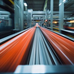 Fototapete - High-Speed Conveyor Belts: A Blur of Motion in an Automated Industrial Setting with Modern Architecture.