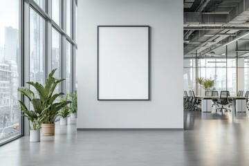 Aufkleber - Modern office with a framed blank wall, large windows, and city skyline view. Ideal for corporate branding, workspace design, and business presentations