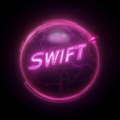 Poster - Swift Global Network: Pink Neon Globe with Text Overlay on a Dark Background for Tech and Business Solutions