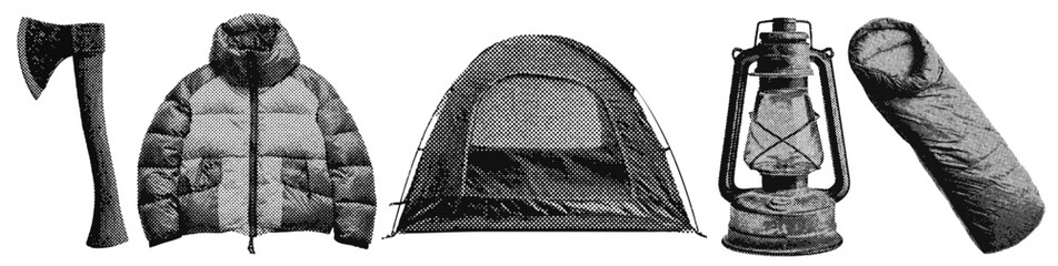 Wall Mural - set of outdoor camping and hiking halftone grunge vector design elements
