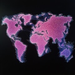 Poster - World Map of Connections: A Glowing Visualization of Global Networks and Data Flow on a Black Background.
