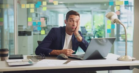Poster - Laptop, thinking and tired with business man at desk in office for exhaustion or fatigue. Bored, computer and depression with unhappy person in workplace for compliance, management or research