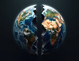 Deglobalization world crisis concept. AI generated earth planet cracked into two pieces. Broken globe disaster apocalypse orb split. Economic collapse geopolitics concept. Earth destruction allegory.