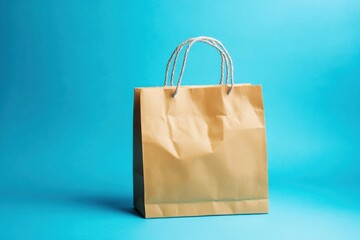 Poster - Brown paper shopping bag on a bright blue background with minimalist design showcasing simplicity and functionality