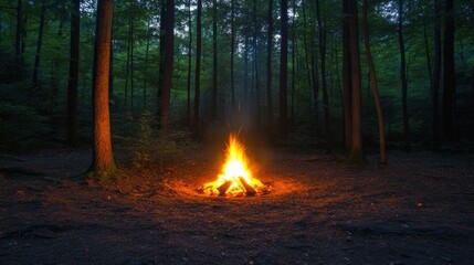 Aufkleber - Solitary campfire illuminating a forest clearing at night surrounded by towering trees and quiet atmosphere Generative AI