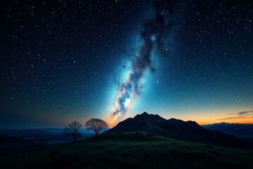 Wall Mural - starry sky with a mountain and a tree in the foreground