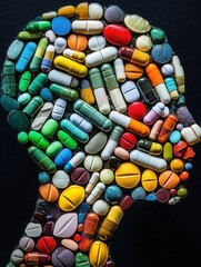 Aufkleber - Intricate mosaic of colorful pills forming a human silhouette showcasing artistic creativity and detailed design Generative AI