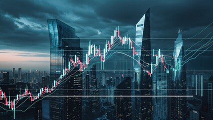 Poster - City skyline with digital stock market chart overlaid at twilight capturing financial growth and urban development