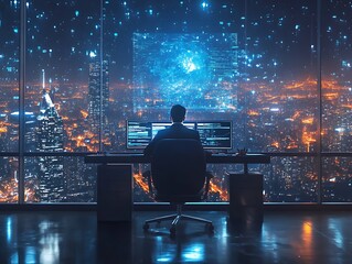 Coder, night city, data, screen, work