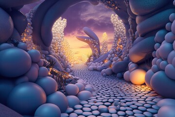 Aufkleber - Surreal landscape of pill structures featuring dreamlike lighting and intricate details at dusk Generative AI