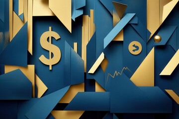 Poster - Layered geometric shapes in golden and deep blue create an abstract representation of financial growth with space for clear messaging