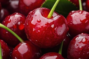 Poster - Freshly washed cherries glisten with water droplets in vibrant red hues, ready for summer enjoyment and delicious recipes