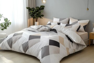 Poster - Cozy bedroom with geometric patterned bedding and natural light enhancing the relaxing atmosphere