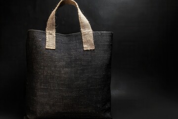 Poster - Black burlap tote bag displayed against a dark background highlighting its texture and design