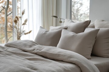 Poster - Cozy bedroom with neutral tones and soft textiles in a serene living space with natural light