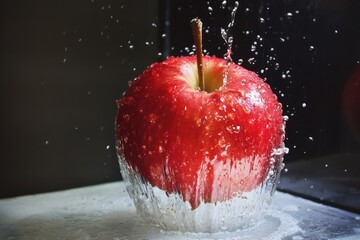 Poster - Fresh red apple splashes in water revealing vibrant colors and textures at a kitchen setting