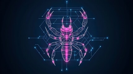 Poster - Digital illustration of a pink and blue scorpion like creature against a dark background, featuring geometric shapes and glowing effects.