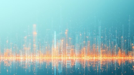 Poster - Digital city skyline with glowing lights and reflections, representing modern technology and urban life.