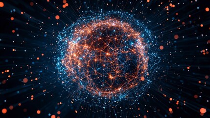 Poster - A vibrant depiction of a glowing spherical structure with intricate patterns of light in blue and orange against a dark background.