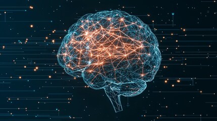 Poster - Digital representation of a brain with interconnected lines and nodes, symbolizing neural networks and artificial intelligence.