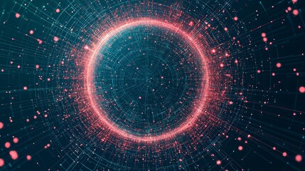 Poster - Abstract digital artwork featuring a glowing circular shape surrounded by vibrant particles in shades of blue and pink, conveying a sense of energy.