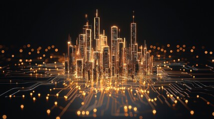 Poster - Futuristic cityscape illuminated with golden lights, merging urban design and technology in a digital landscape.
