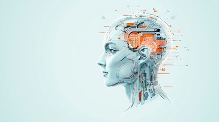 Poster - A digital illustration of a human head with a fragmented design, symbolizing technology and the fusion of human intelligence and digital elements.
