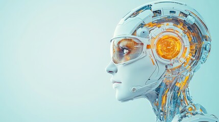 Poster - Futuristic robotic head with intricate circuitry and glowing elements, symbolizing advanced technology and artificial intelligence.