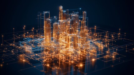 Poster - Abstract digital cityscape illuminated by glowing lines and nodes, representing advanced technology and connectivity.