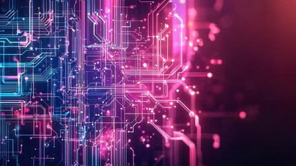 Poster - Futuristic abstract technology background with vibrant blue and pink circuit patterns glowing against a dark backdrop.