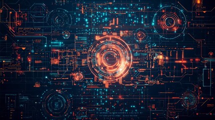 Poster - abstract digital circuit design with glowing lines and circular patterns in blue and orange tones, r
