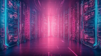 Poster - Futuristic digital corridor with glowing lights in pink and blue, creating a high-tech ambiance.