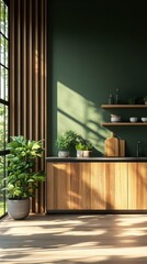 Aufkleber - Bright sunlight pours into a calming green kitchen adorned with wooden cabinetry and fresh plants. The minimalist design creates an inviting atmosphere, perfect for culinary creativity