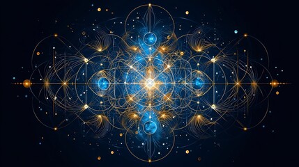Poster - abstract cosmic art with glowing blue and gold particles creating a sense of depth and energy agains