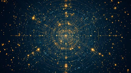 Poster - A mesmerizing cosmic pattern of glowing particles radiating from a central point against a deep blue background.