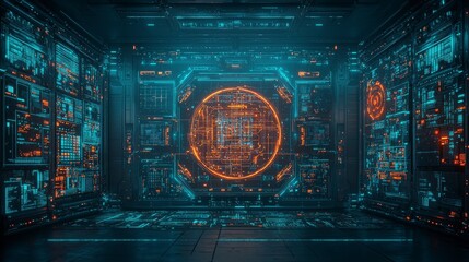Poster - Futuristic digital interface with glowing patterns and a central circular design, showcasing a high-tech environment.