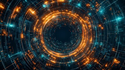 Poster - abstract digital vortex with glowing blue and orange lights, creating a sense of depth and movement 