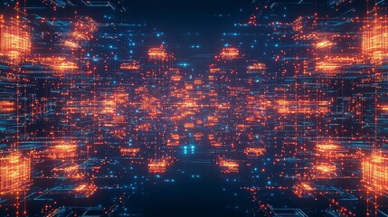 Poster - Vibrant digital network with glowing orange and blue lights, creating a futuristic, abstract landscape.