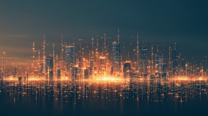 Poster - Vibrant city skyline illuminated with glowing lights, showcasing a blend of modern architecture against a dark backdrop.
