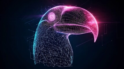 Poster - Digital illustration of a toucan bird's head composed of glowing particles in vibrant colors against a dark background.